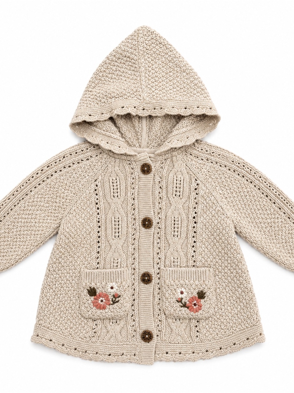 Cynthia Rowley Cream Knit Hooded Cardigan with Floral Pockets